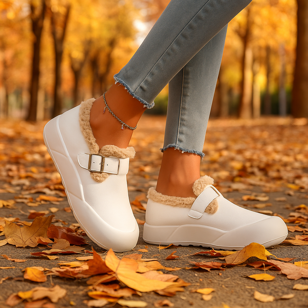 Tan genuine leather clogs for women featuring an adjustable buckle and warm fleece lining.