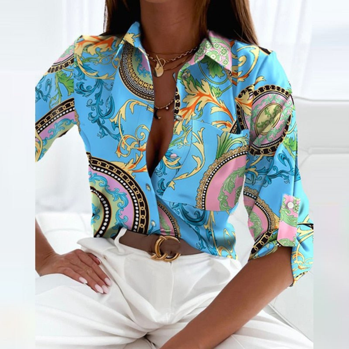 Elegant women's geometric print long sleeve top, a versatile button-down blouse for fashion-forward women.