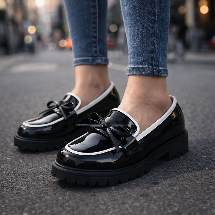 Women's glossy patent penny loafers, elegant slip-on footwear for dress or casual wear