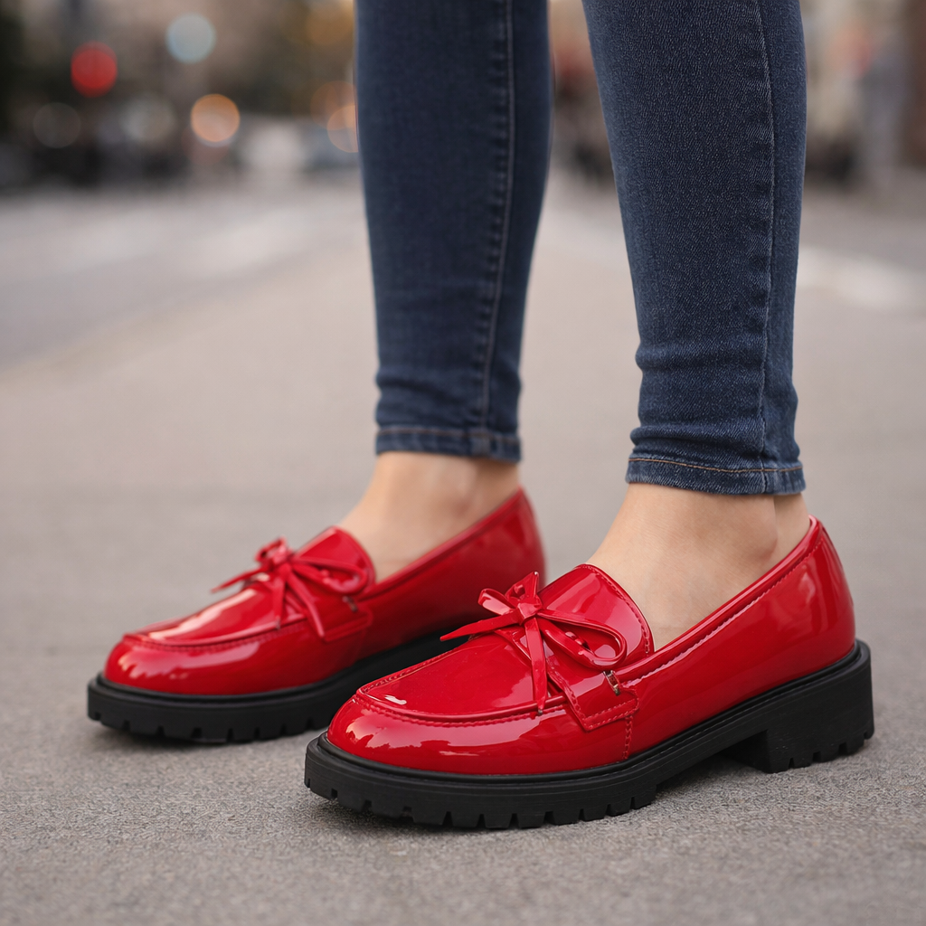 Stylish women's slip-on loafers in black patent leather, perfect for comfortable wear