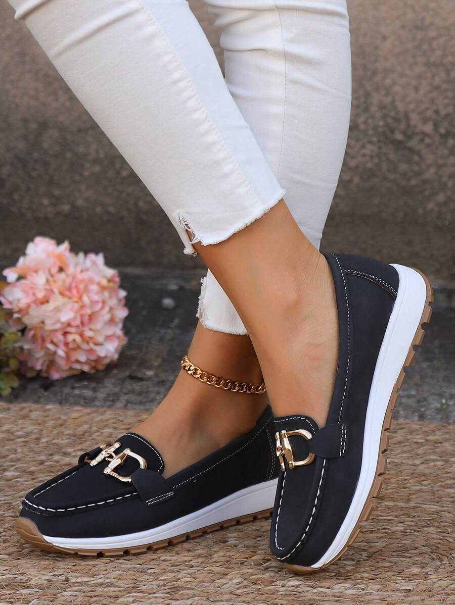 Women's gold-trim horsebit loafers, comfortable slip-on professional shoes.
