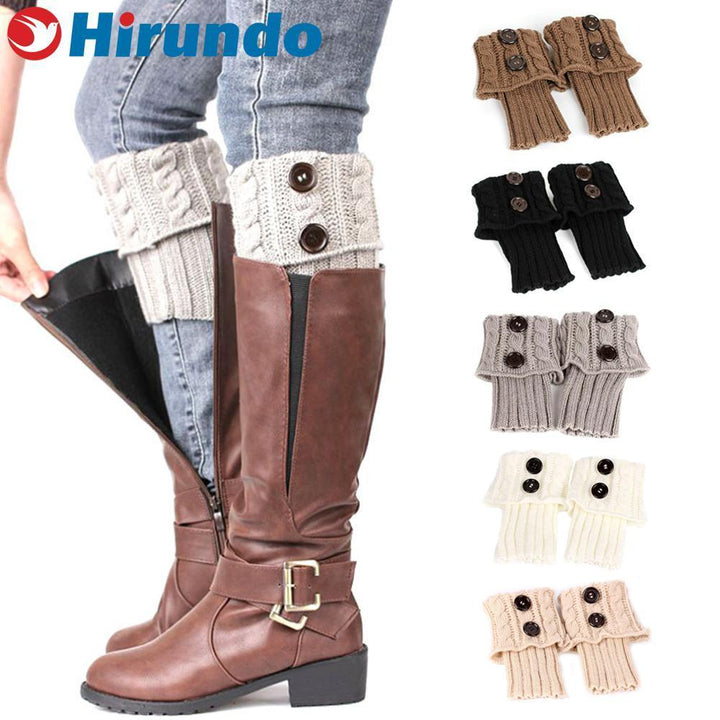 Women's gray knit boot toppers with decorative buttons, perfect for winter fashion & leg warmers