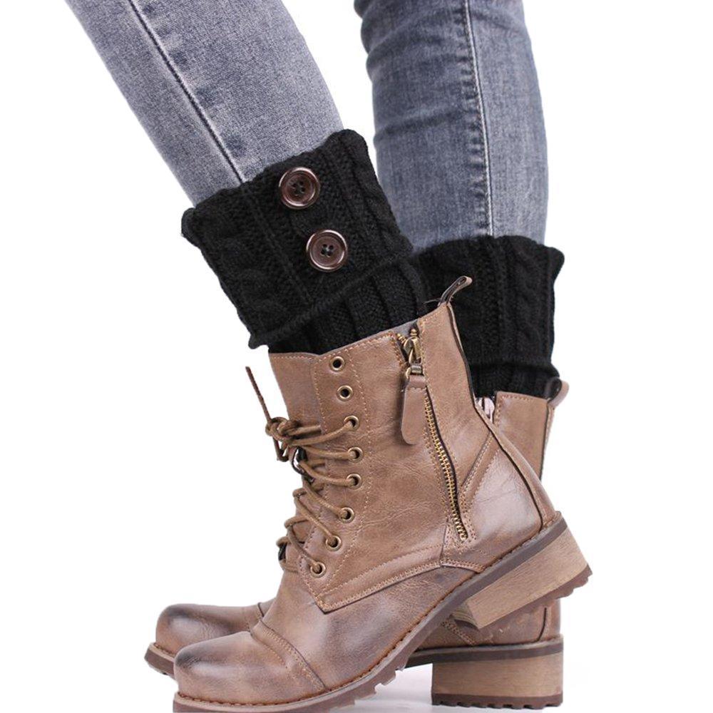 Folded women's knit boot toppers, neatly displayed to show texture and decorative buttons