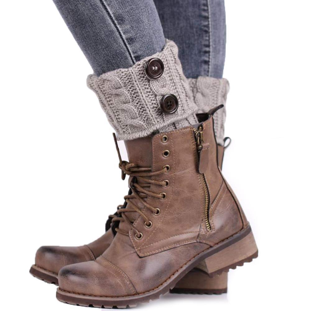 Side view of a women's knit boot topper, highlighting the button detail and cozy fit
