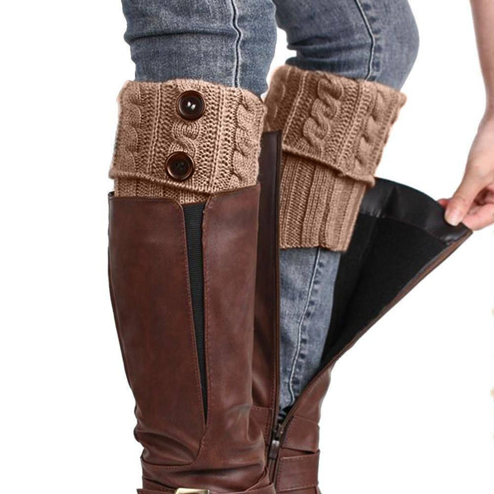 Cream knit boot toppers for women, featuring decorative buttons; soft acrylic winter accessory