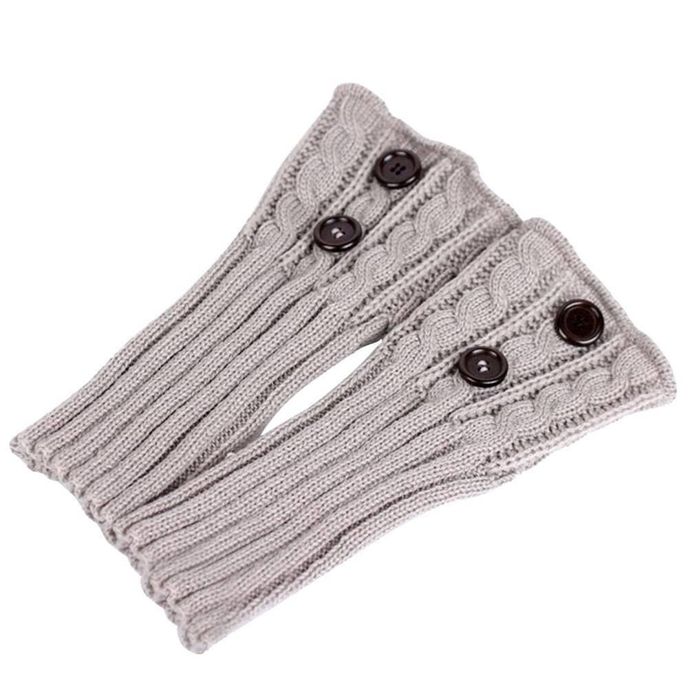 Women modeling knit boot toppers peeking out from tall boots, adding cozy winter style
