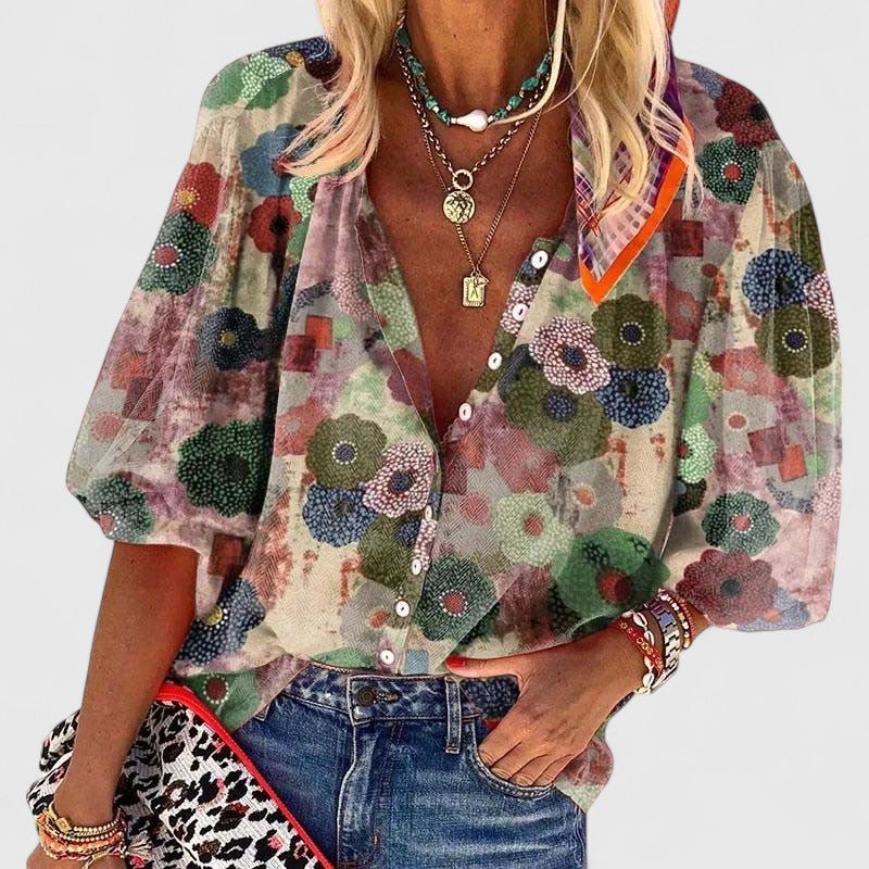 Women's green floral V-neck button-down blouse, relaxed fit for casual spring & summer wear.
