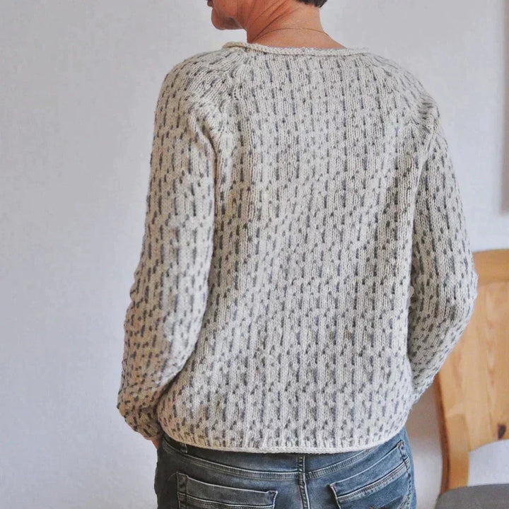 Versatile grey women's knit sweater with flattering boat neck & relaxed fit