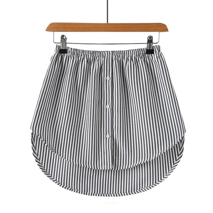 Front view of a women's high waist fake hem skirt, perfect for layering outfits