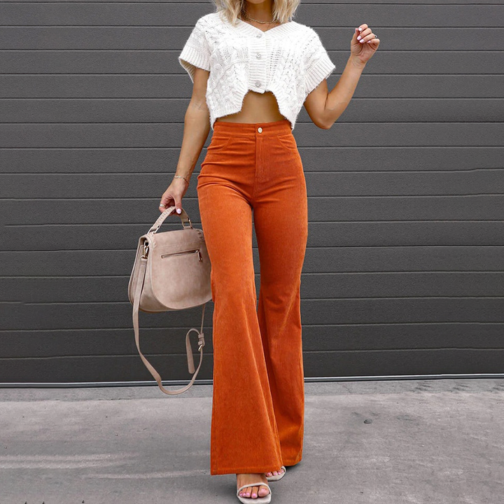 Women's high-waisted ribbed flared pants, a retro-inspired comfortable and versatile fashion choice.