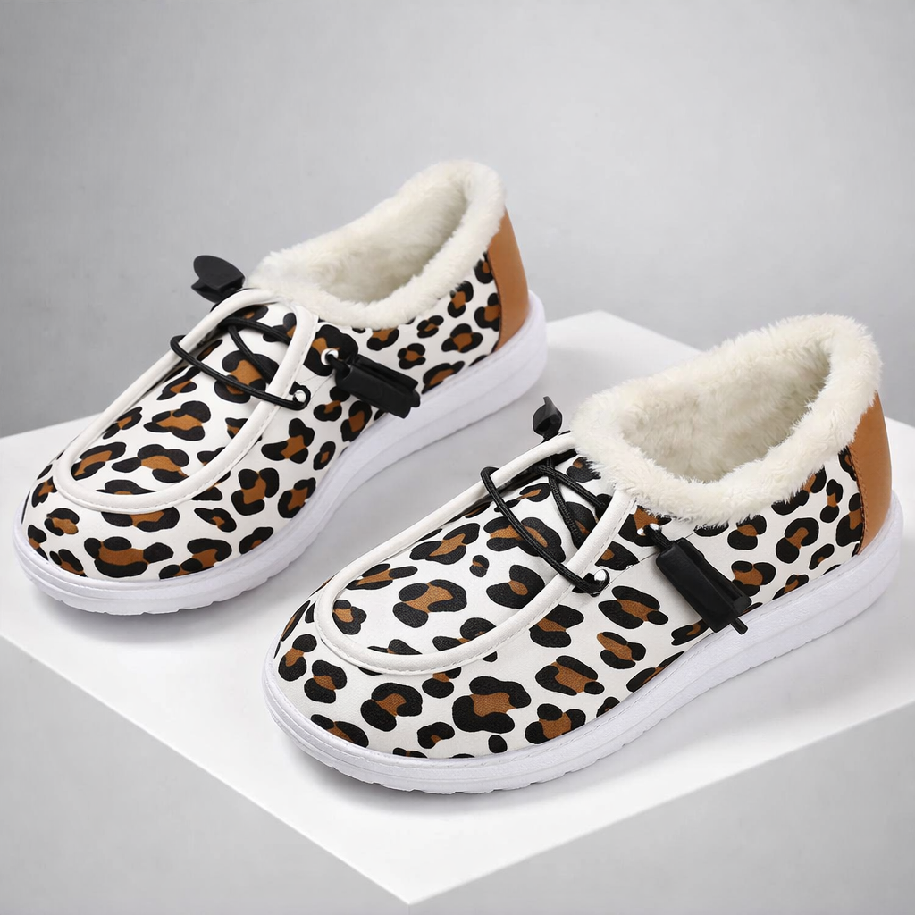 Close-up of women's casual leopard print walking shoes, highlighting the comfortable cushioned design.