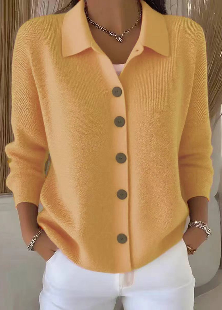 Modern women's professional cardigan sweater, button-down with a crisp shirt collar, perfect for sophisticated office wear.