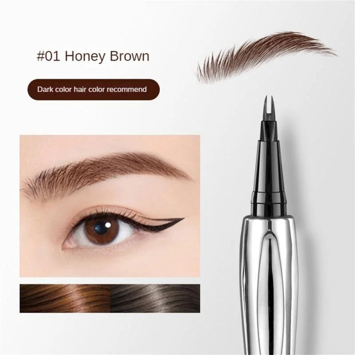 Detail shot of the micro-fork applicator of the liquid eyebrow pencil, key for natural-looking, full brows.