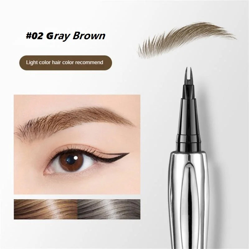 Ingredients list and features of the women's micro-fork tip liquid eyebrow pencil, emphasizing its waterproof quality.