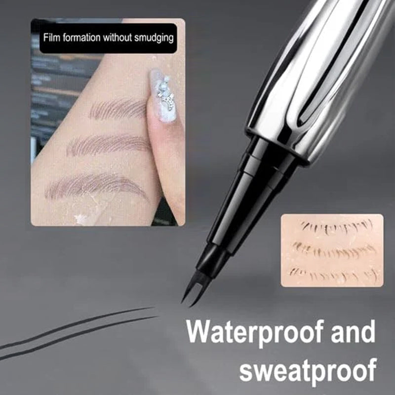 Packaging of a women's micro-fork tip liquid eyebrow pencil, highlighting its waterproof and long-wear features.