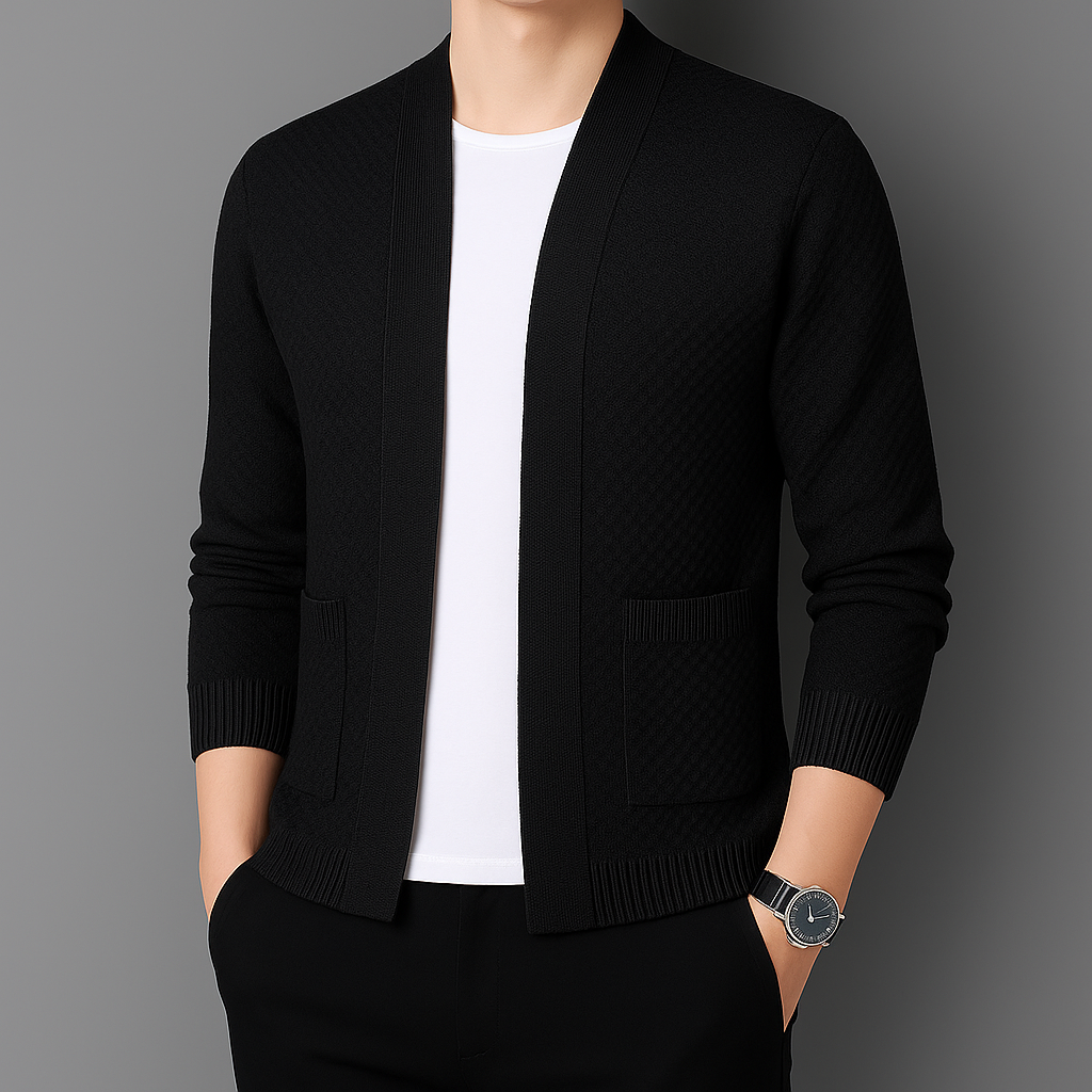 Model wearing a cozy women's open-front cardigan with pockets, ideal for casual fall wear.