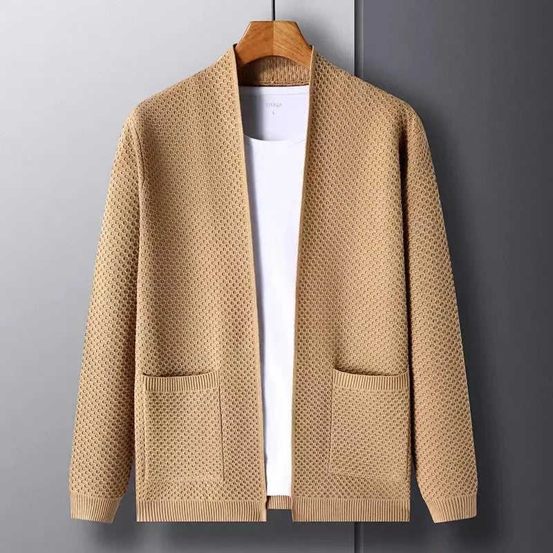 Back view of a women's casual open-front cardigan, showcasing its comfortable fit for winter fashion.
