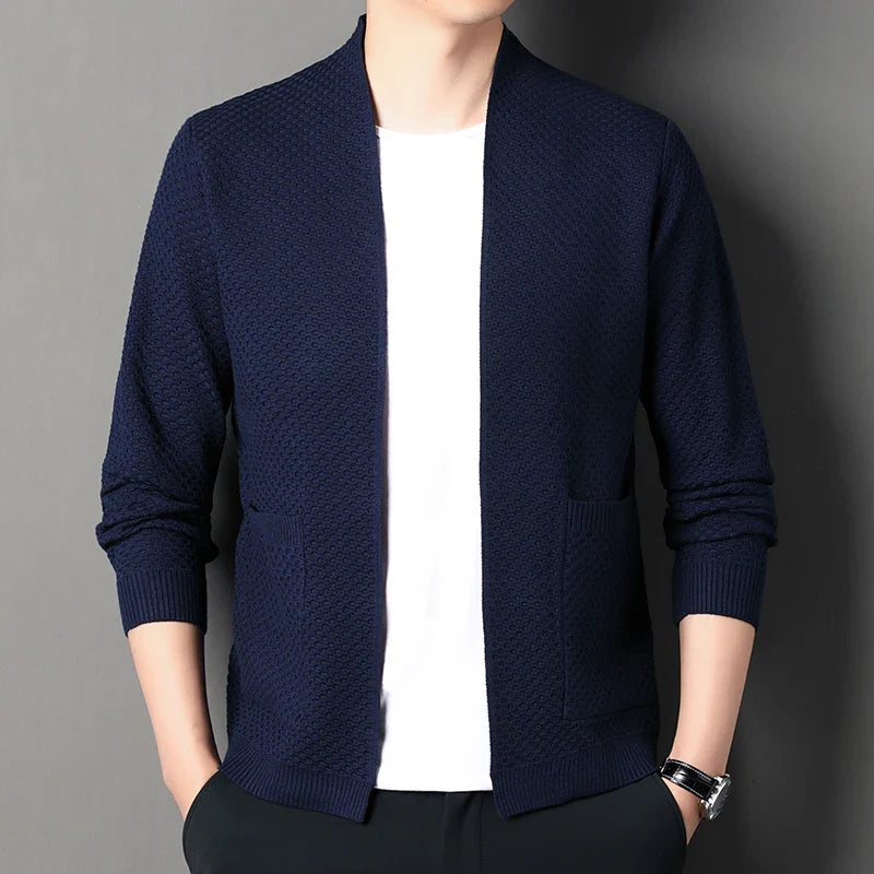 Front view of the women's open-front knit cardigan in a neutral color, featuring deep pockets.