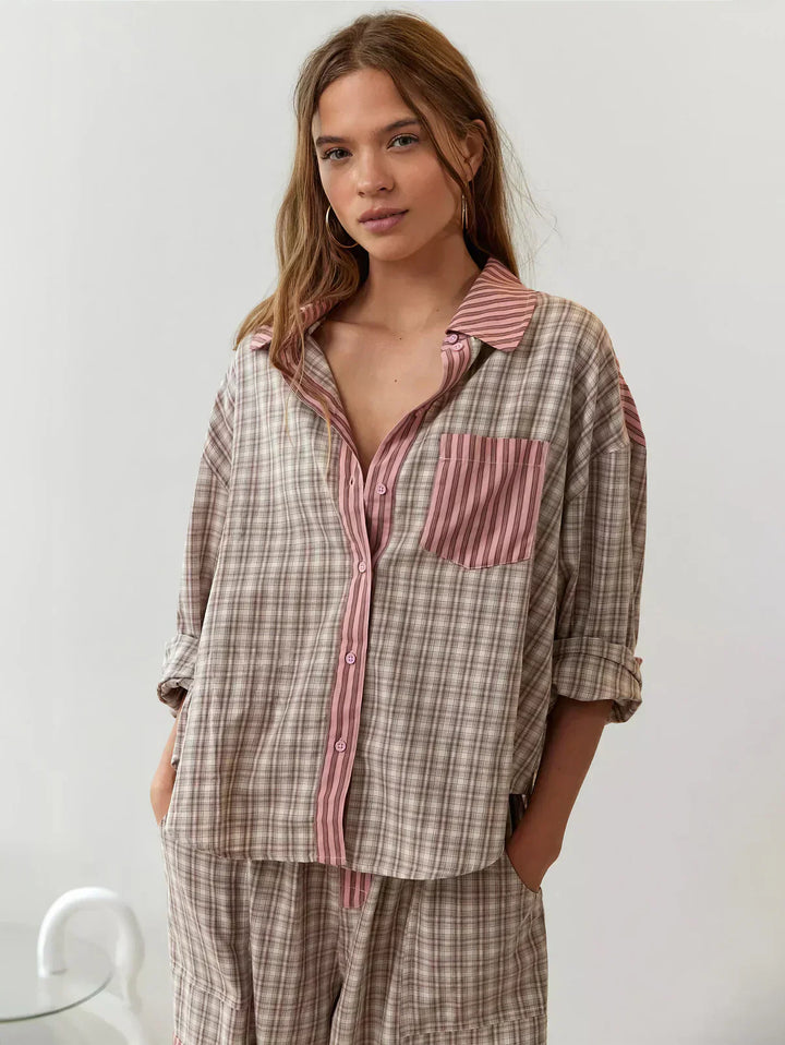 Women's pink plaid co-ord top & pants set, front view, casual spring fashion outfit