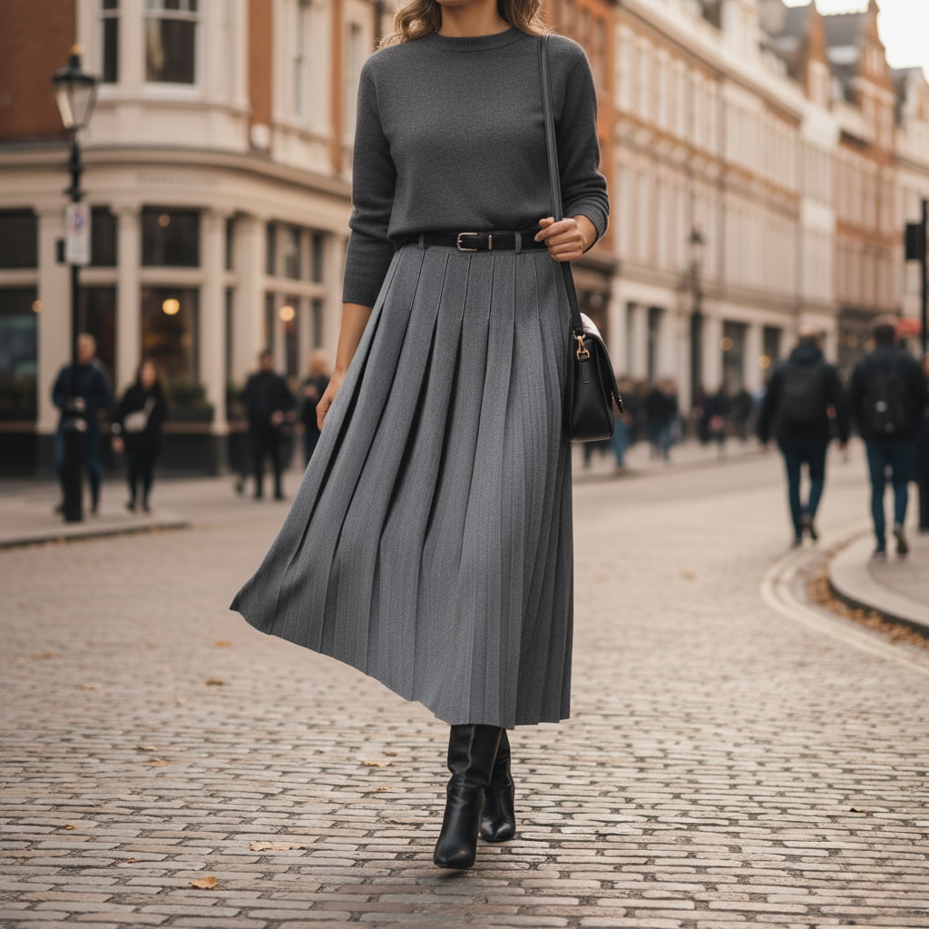 Women's pleated midi skirt with belt, perfect for spring fashion and everyday elegant style