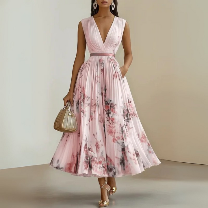 Pink flowy pleated sleeveless maxi dress, a chic women's summer dress for casual wear or parties.