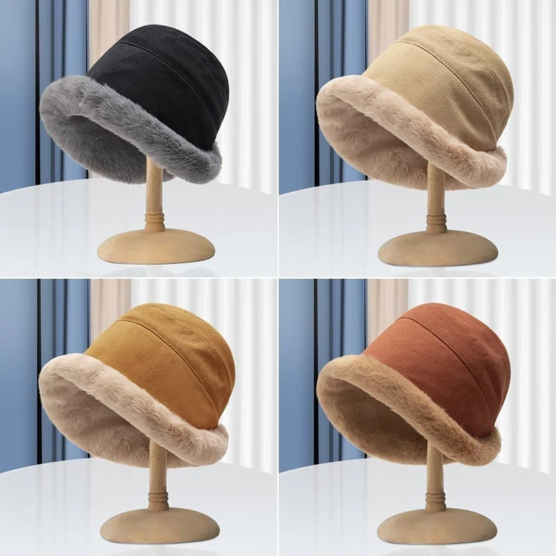 Foldable women's plush velvet bucket hat, perfect for travel and warmth in winter months