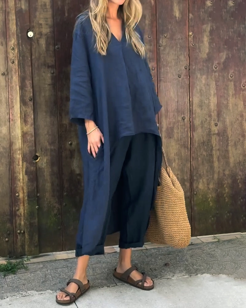 Two-piece women's loungewear set featuring a longline tunic and matching relaxed fit pants, ideal for travel.