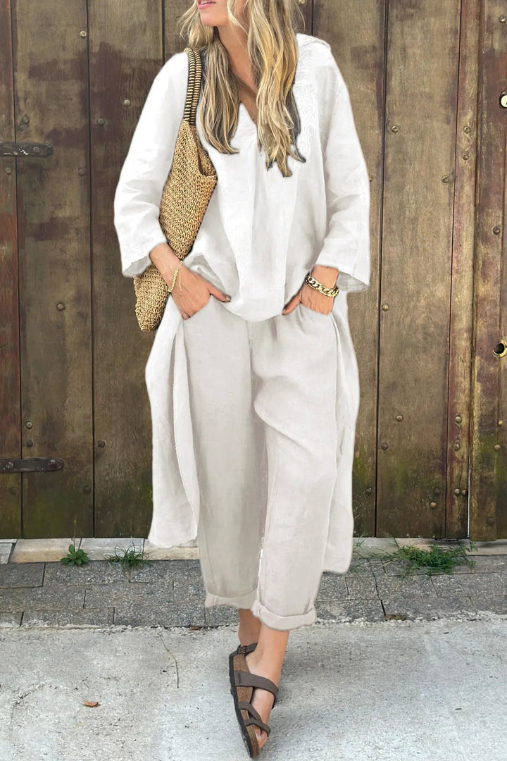 Women's two-piece set: a comfortable, relaxed fit tunic and pant combo, perfect for lounging or as a travel outfit.