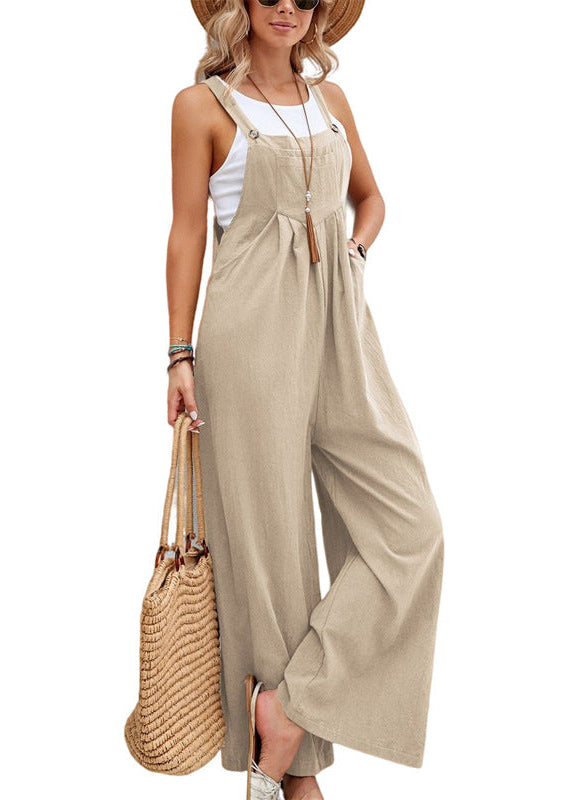 Summer women's wide leg jumpsuit, ideal for casual outings. Relaxed fit, adjustable straps & functional pockets.