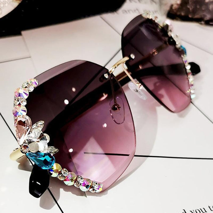 Side view of women's rimless crystal sunglasses, showcasing unique temple design