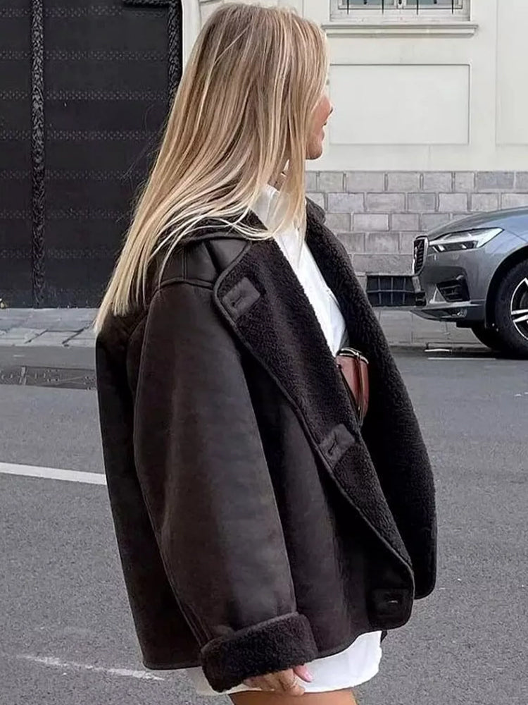 Versatile women's brown double-breasted outerwear jacket, a chic addition to any fall wardrobe