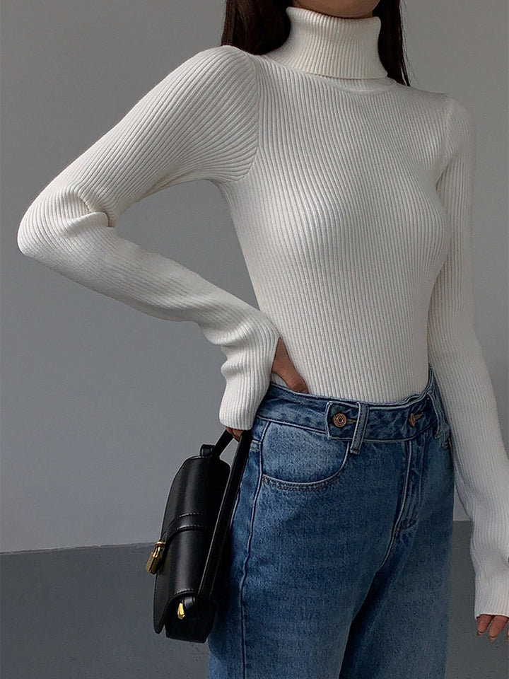 Elegant women's ribbed turtleneck sweater in a rich plum, ideal for autumnal fashion.
