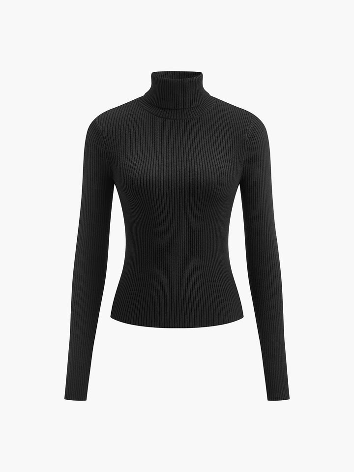 Side profile of a woman in a fitted brown ribbed turtleneck sweater, showing its modern cut.