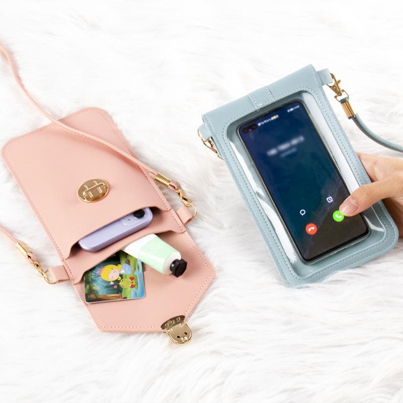 Front view of a women's PU leather touchscreen crossbody bag, ideal for smartphones