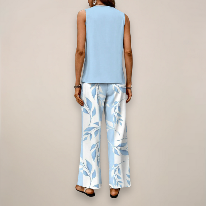 Close-up of the unique print on a women's wide-leg two-piece set, highlighting spring fashion details.