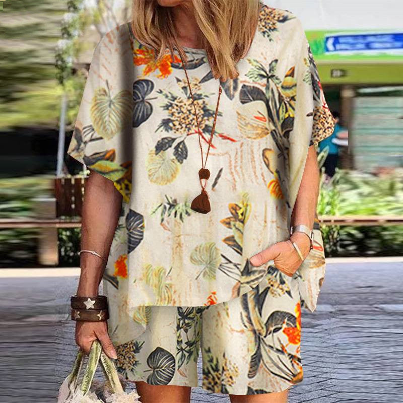 Full shot of a model wearing a women's khaki linen suit with a retro print, ideal for summer