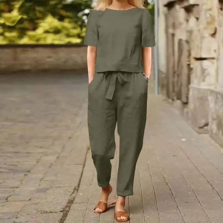 Comfortable cotton blend vintage two-piece set for women, ideal casual wear, loungewear, or beach outfit.