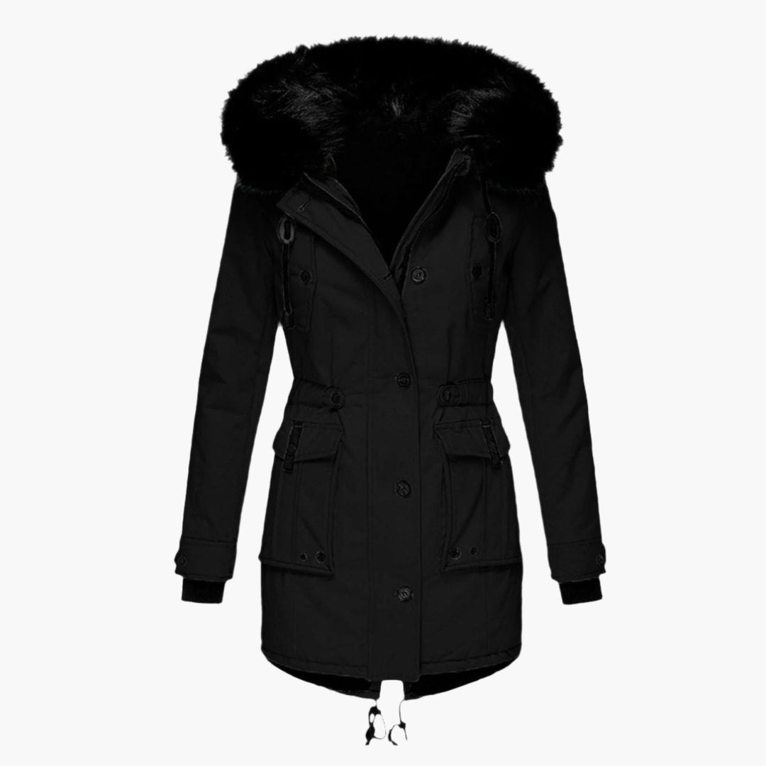 Casual winter jacket for women, navy blue, long sleeve, hooded with fur, warm outerwear.