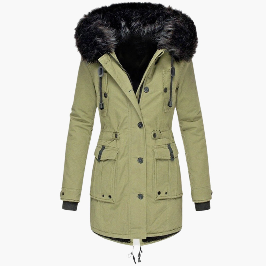 Fashionable women's winter coat, hooded, light grey, with faux fur, perfect for cold weather.