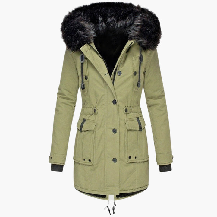 Fashionable women's winter coat, hooded, light grey, with faux fur, perfect for cold weather.