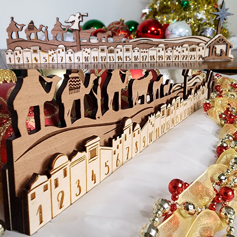 Children excitedly pointing at the wooden Nativity Christmas Advent Calendar, anticipating Christmas