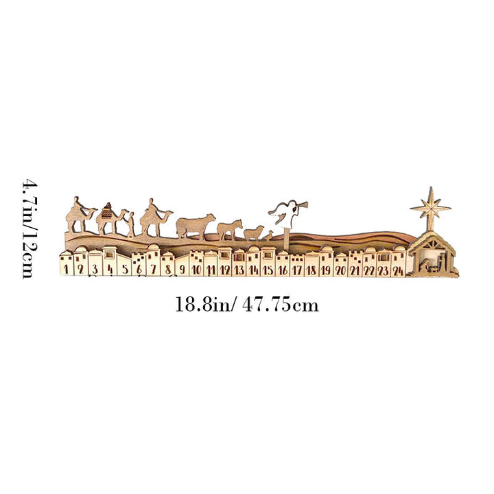 Side view of the wooden Nativity Christmas Advent Calendar, showing its sturdy construction and design