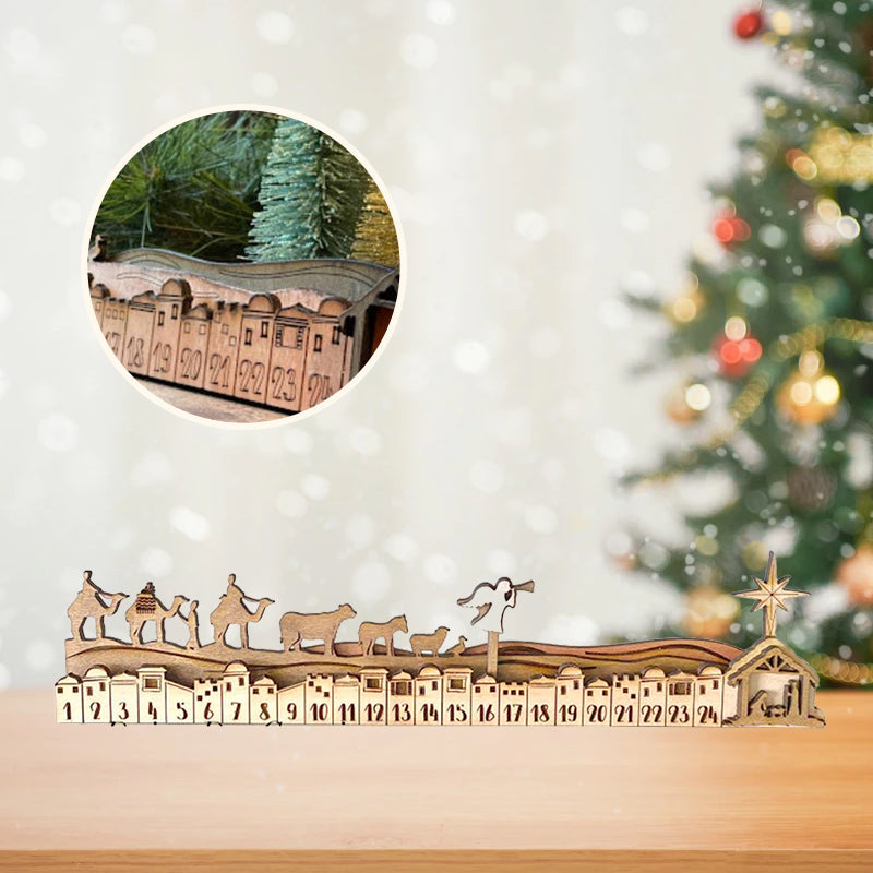 Close-up of a wooden Advent Calendar, showcasing a detailed Nativity scene inside a stable design