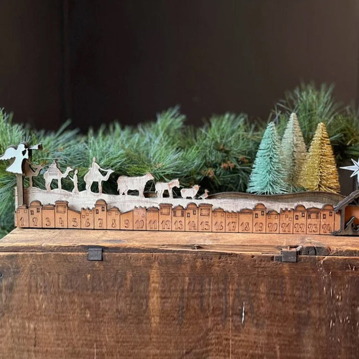Family opening a door on a festive wooden Nativity Christmas Advent Calendar, celebrating the holiday