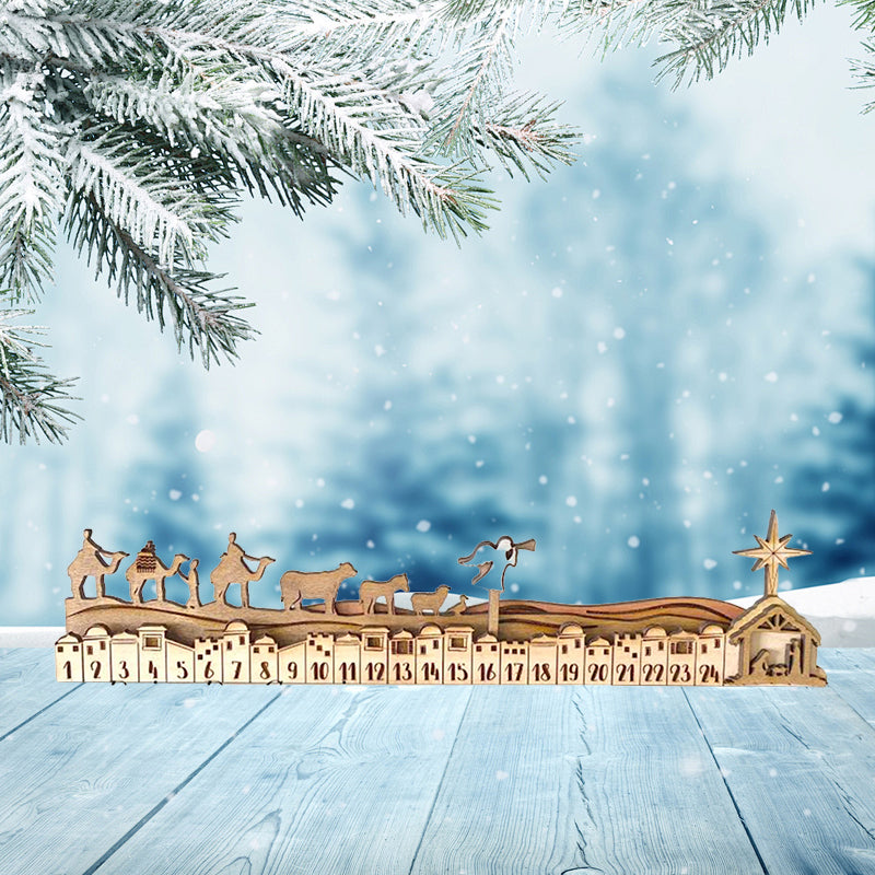 Holiday display featuring a beautifully crafted wooden Nativity Advent Calendar among other decorations